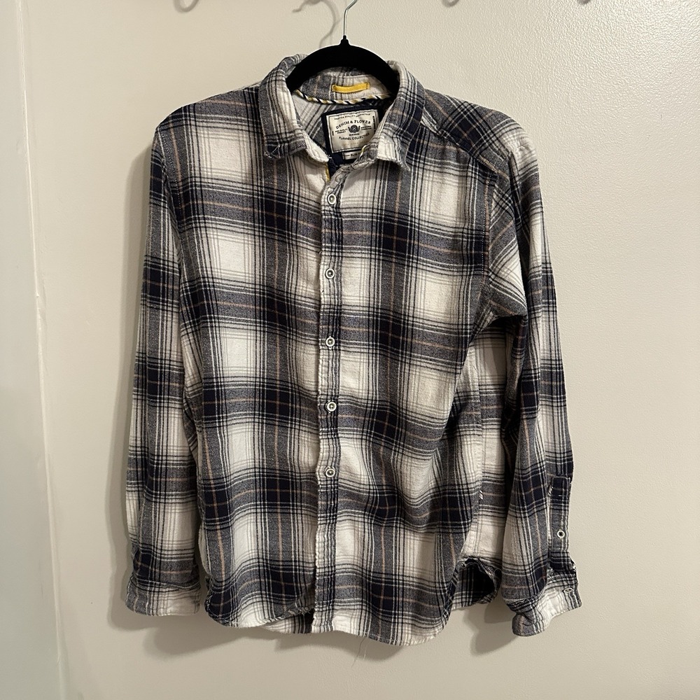 Denim & Flower Yellow Navy Plaid Button Down Flannel Shirt‎ Womens Blue Small